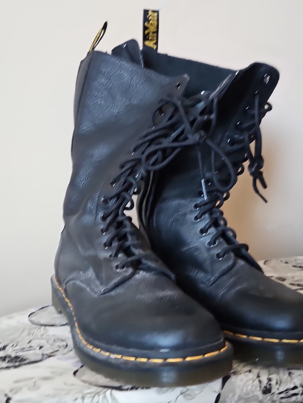 8Dr. Martens Black Lace-Up Combat Boots with Yellow Stitching